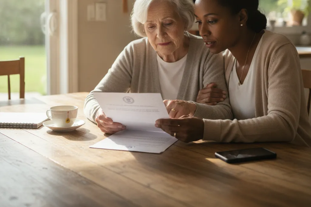 Adult daughter reviewing a Virginia Medicaid home care denial notice with her elderly mother at a sunny kitchen table