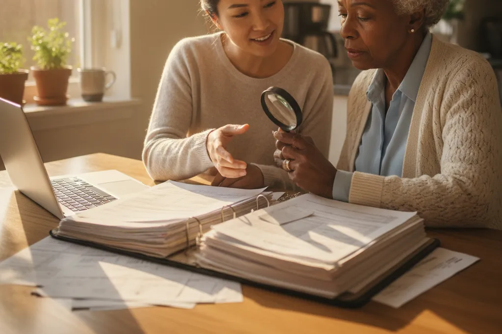 Adult daughter and her elderly mother reviewing caregiver tax paperwork together at a sunlit kitchen table in a Virginia home