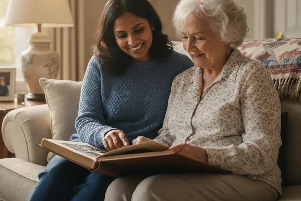 Adult daughter looking through an old photo album with her elderly mother who has dementia on a living room sofa in Virginia