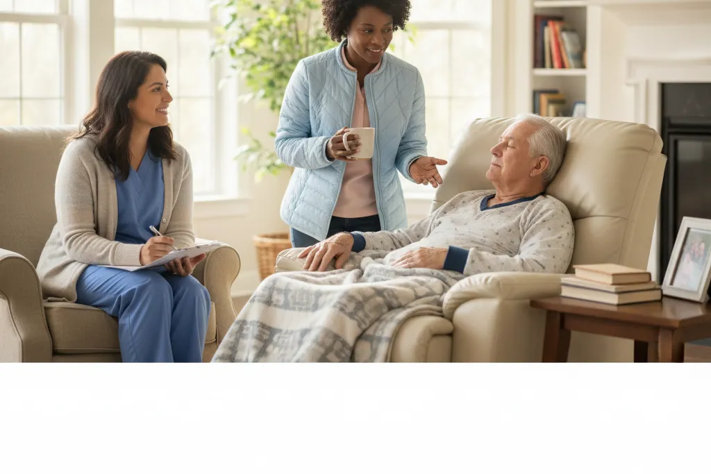 Adult daughter and an overnight caregiver handing off care for an elderly parent in a bright Virginia living room