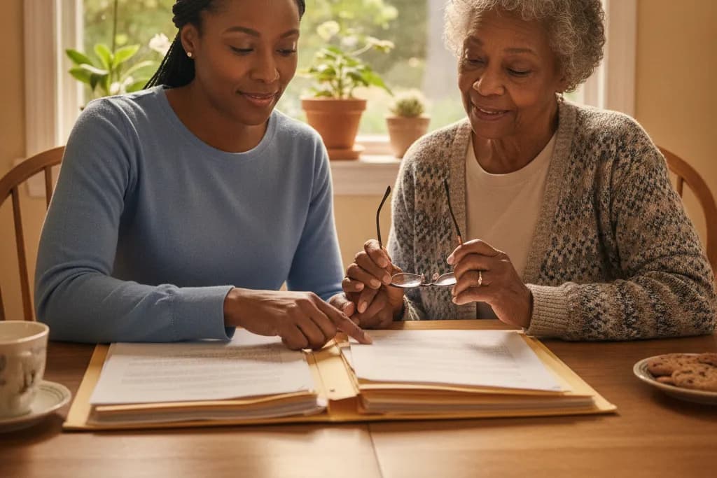 Adult daughter and her elderly mother reviewing Medicaid paperwork together at a sunny kitchen table in their Virginia home