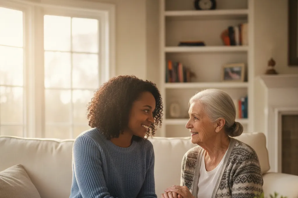 Adult daughter sitting with her elderly mother on a sofa in a bright Virginia living room, talking about home care options