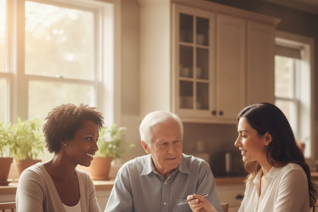 A family caregiver and her elderly father meeting with a home care coordinator at a sunny kitchen table in Virginia to go over consumer-directed caregiver paperwork