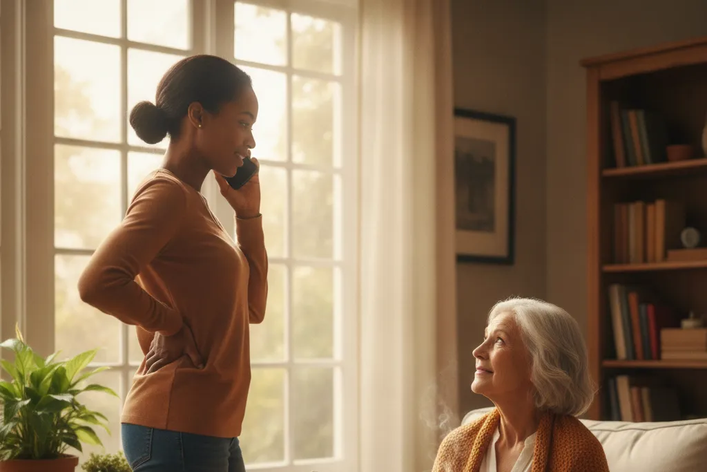 Adult daughter on the phone about her mother's CCC Plus Waiver application while her elderly mother rests nearby at home in Virginia
