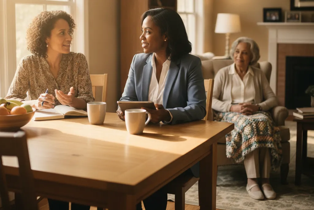Adult daughter and a home care agency representative discussing caregiving options at a kitchen table while an elderly mother sits nearby in a sunlit Virginia living room