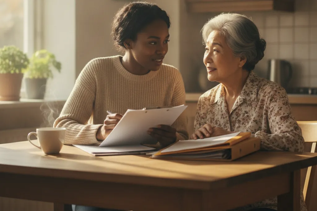 Adult daughter filling out paid caregiver paperwork at the kitchen table with her elderly mother at home in Virginia