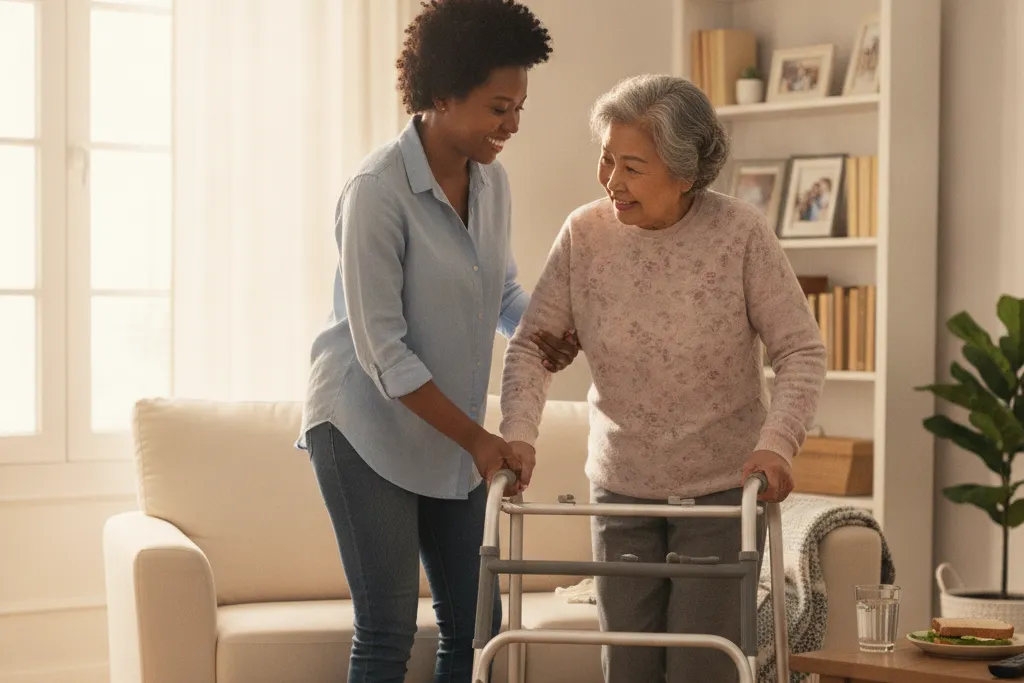 Adult daughter helping her elderly mother stand up safely with a walker in a bright Virginia living room