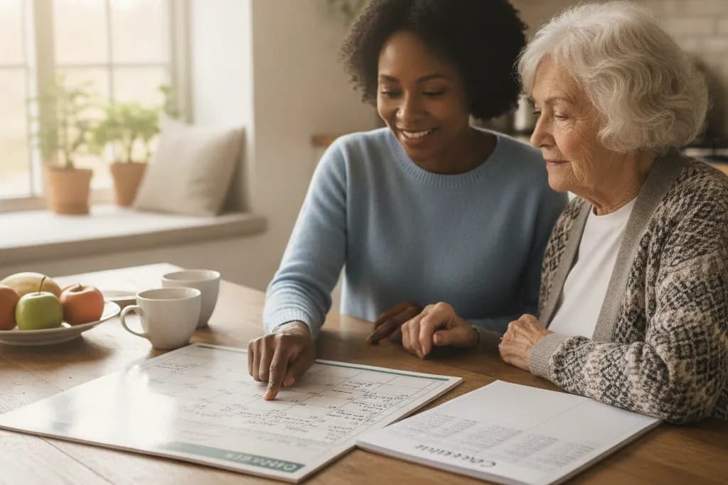 Adult daughter and her elderly mother reviewing a weekly caregiver schedule at the kitchen table in Virginia