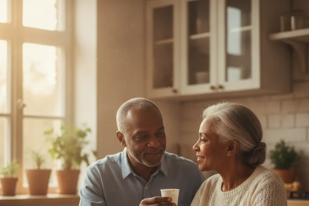 Husband gently helping his wife with her morning medication at their kitchen table, representing a paid spousal caregiver under Virginia Medicaid rules