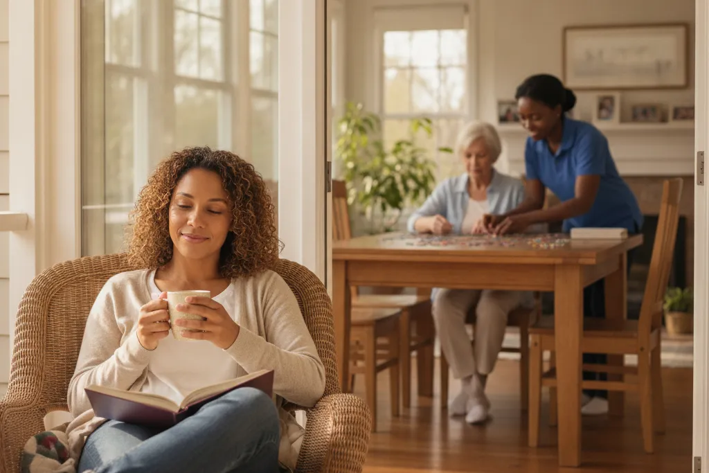 Adult daughter relaxing with coffee on a sunlit porch while a professional respite caregiver assists her elderly mother inside their Virginia home