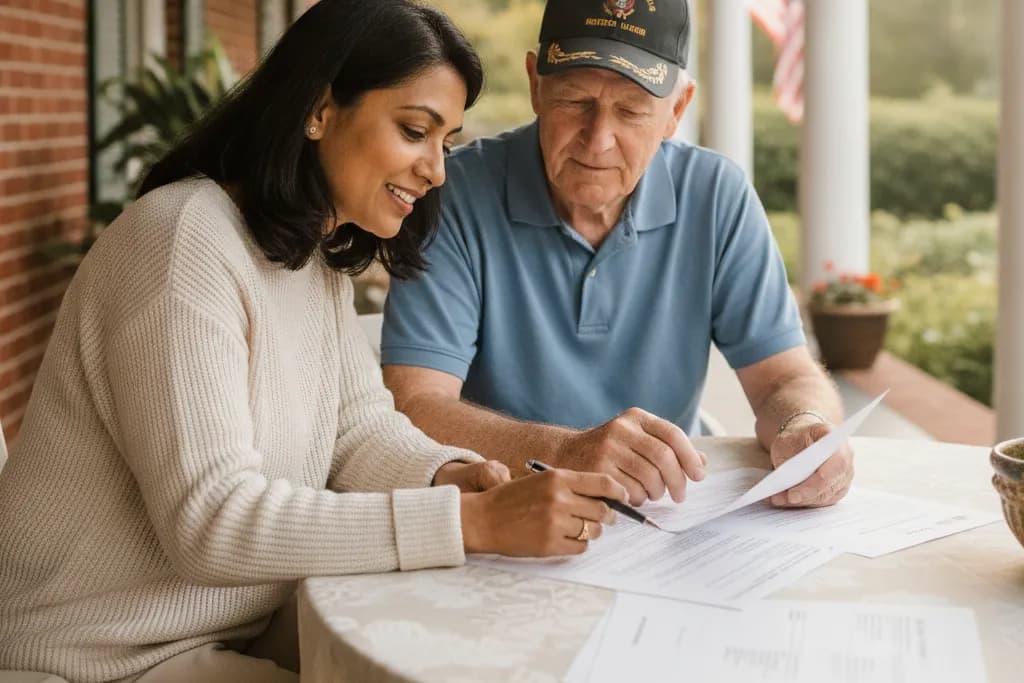 Adult daughter reviewing VA caregiver benefits paperwork with her veteran father at home in Virginia