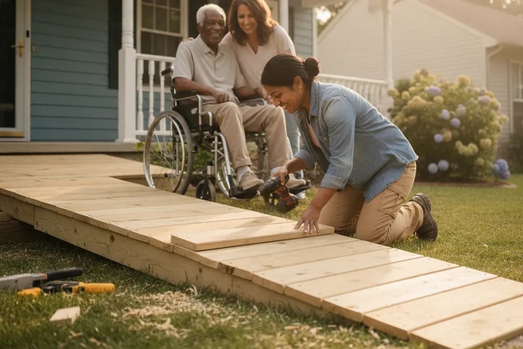 Contractor finishing a new wooden wheelchair ramp at a Virginia home while an elderly man in a wheelchair and his adult daughter watch from the porch