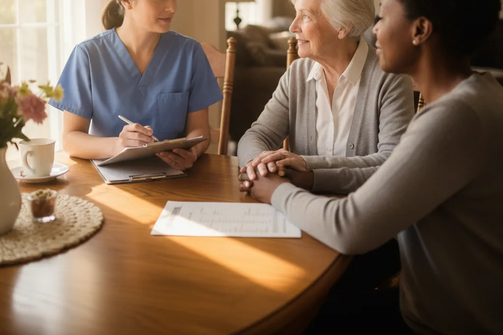 A health department nurse and social worker completing a Medicaid LTSS screening with an elderly woman and her adult daughter at home in Virginia